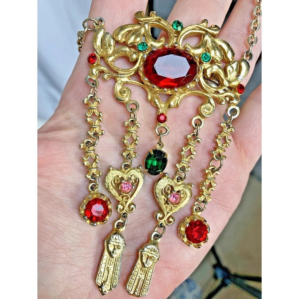Vintage Lupé Signed Egyptian Revival Necklace Gold Tone Rhinestone Fringe